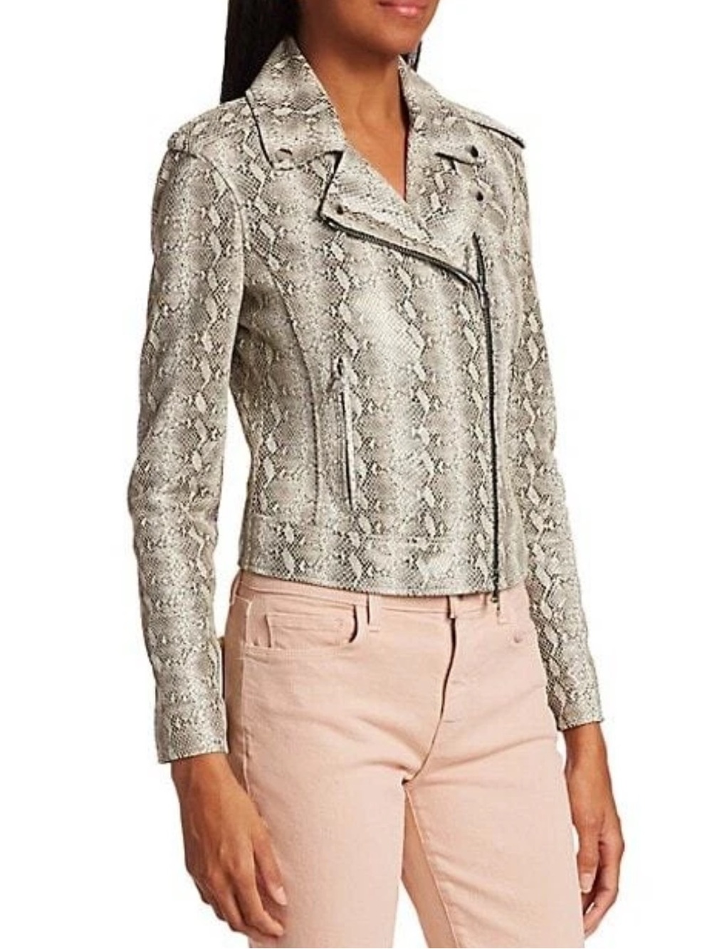 L'AGENCE Snake-Print Leather Moto Jacket in Light Gray